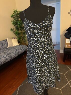 Uniqlo Navy Midi Slip Dress with Yellow & White Dot Print -Cassie Byrnes Small
